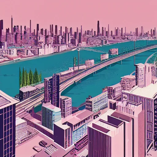 Image similar to retrowave by richard mcguire, by tiago haseltine churning. a mixed mediart of a cityscape. the mixed mediart shows a view from an elevated train line of the city below.