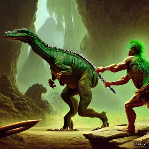 Prompt: A green scaly dinosaur!!! fighting with several realistic detailed cavemen with proportioned bodies, the cavemen are armed with spears, the caveman are in a fighting stance, the cavemen are wearing animal furs, coarse canvas, visible brushstrokes, intricate, extremely detailed painting by Greg Rutkowski