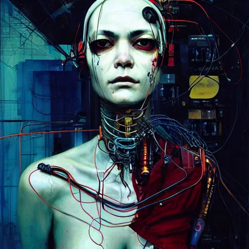 Image similar to shannyn sossamon as a cyberpunk hacker, wires cybernetic implants, in the style of adrian ghenie, esao andrews, jenny saville, surrealism, dark art by james jean, takato yamamoto