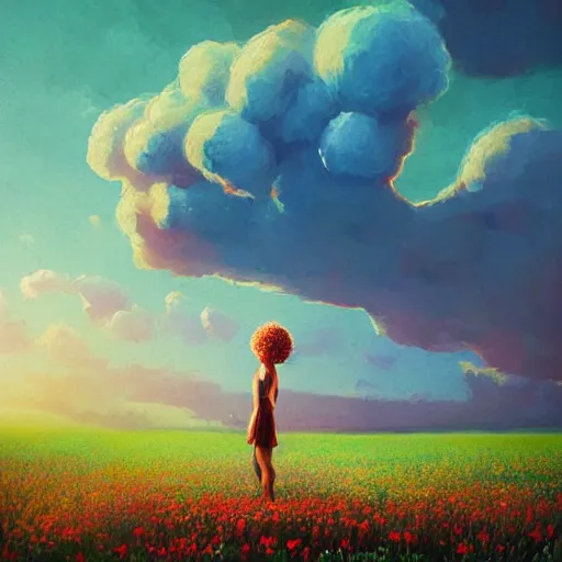 Image similar to giant flower afro, full body, girl standing in the middle of a field with flowers, surreal photography, hills, sunrise dramatic light, impressionist painting, colorful clouds, digital painting, pointillism, artstation, simon stalenhag