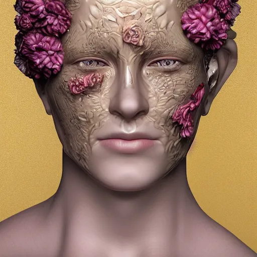 Image similar to beatifull face portrait of a woman, 150 mm, anatomical, flesh, flowers, mandelbrot fractal, facial muscles, veins, arteries, intricate, golden ratio, full frame, microscopic, elegant, highly detailed, ornate, ornament, sculpture, elegant , luxury, beautifully lit, ray trace, unreal, 3d, PBR, in the style of peter Gric , alex grey and Romero Ressendi