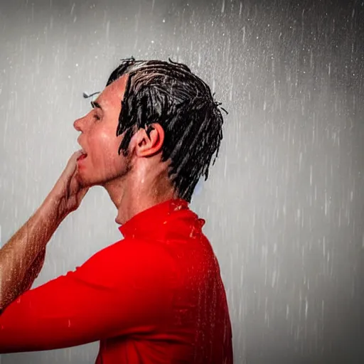 Prompt: Wet young man suffers standing on his head in the red room rain