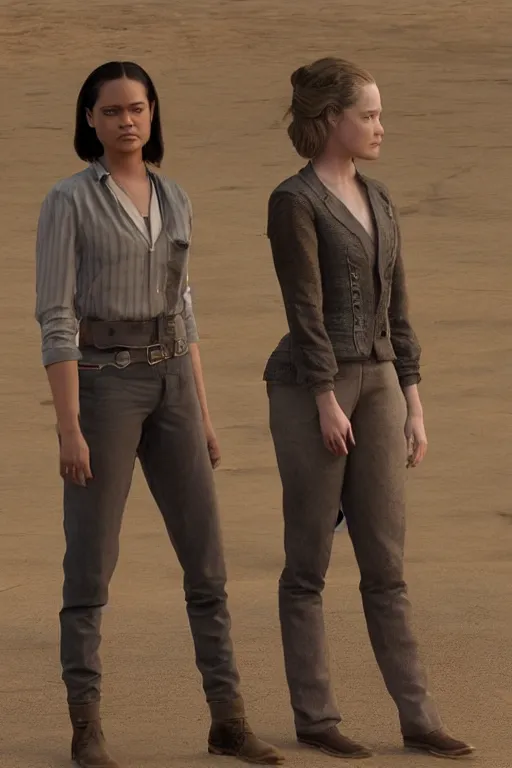 Image similar to Tessa Thompson and Evan Rachel Wood star in HBO's Westworld, 3d render, Pixar