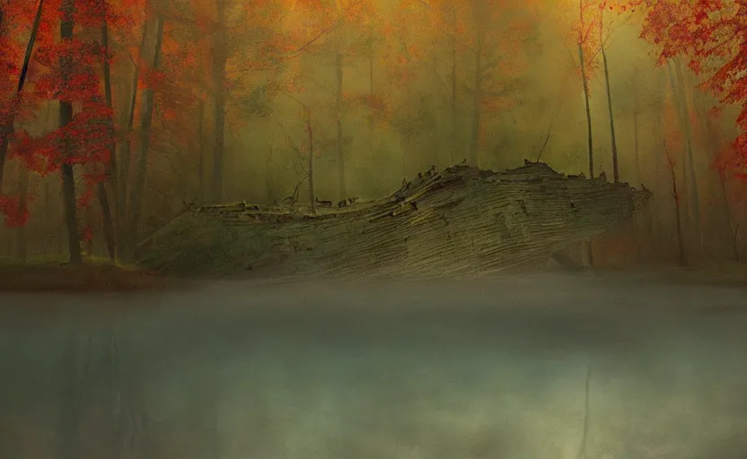 Image similar to an old big shipwreck in an autumn forest, green and red tones, by Aron Wiesenfeld and beksincki, cinematic, detailed illustration, nature, fog, dark colors, suspense, intricate, 8k