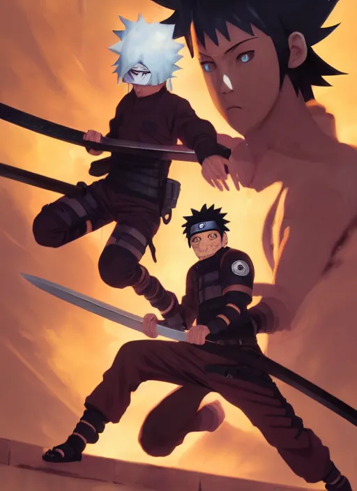 Prompt: highly detailed katana weilding naruto uzumaki with black hair, fighting with policeman art by greg rutkowski, loish, rhads, ferdinand knab, makoto shinkai and lois van baarle, ilya kuvshinov, rossdraws, tom bagshaw, global illumination, radiant light, detailed and intricate environment