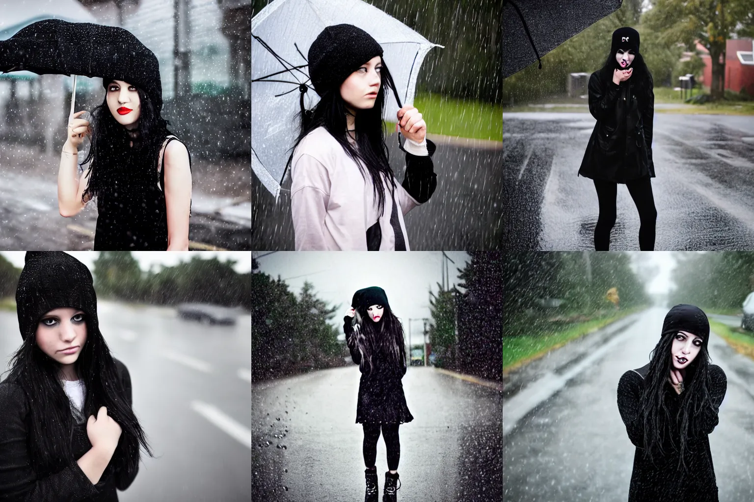 Prompt: an emo goth girl, black hair, wearing a beanie in the rain on a suburban street