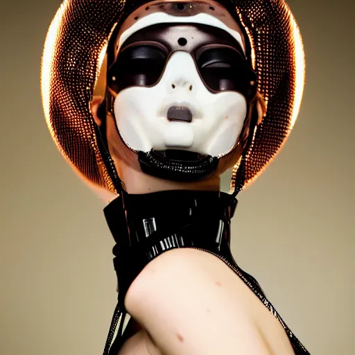 Prompt: fashion photography of an extraterrestrial model, wearing a gaz mask, wearing demobaza fashion, inside berghain, berlin fashion, harness, futuristic fashion, dark minimal outfit, photo 3 5 mm leica, hyperdetail, berghain, 8 k, very detailed, photo by nick knight