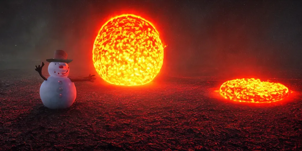 Image similar to a melted glowing snowman melting on top of the sun. the ground is made of fire and lava and is glowing orange. cinematic, dramatic, epic, volumetric lighting, atmospheric, red, orange extremely coherent, masterpiece, highly detailed, trending on artstation, 8 k, space, warm, solar flare, blade runner 2 0 4 9