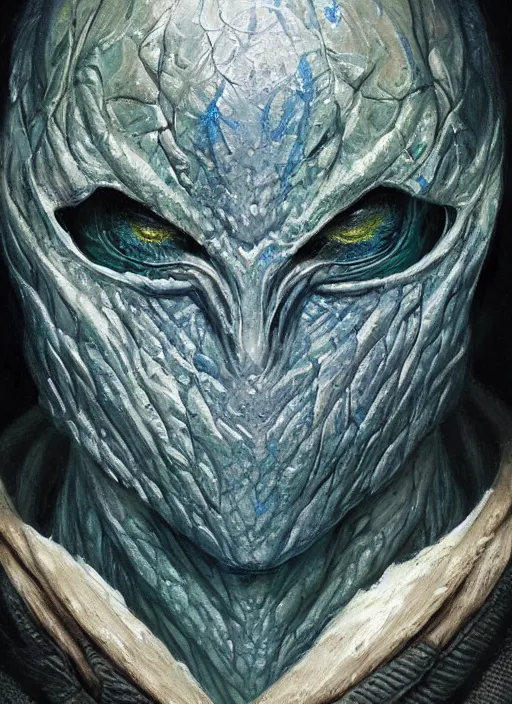 Image similar to frozen snow mf doom reptile eyes, blue frozen skin. intricate, elegant, highly detailed, centered, digital painting, artstation, concept art, smooth, sharp focus, illustration, artgerm, tomasz alen kopera, peter mohrbacher, donato giancola, joseph christian leyendecker, wlop, frank frazetta