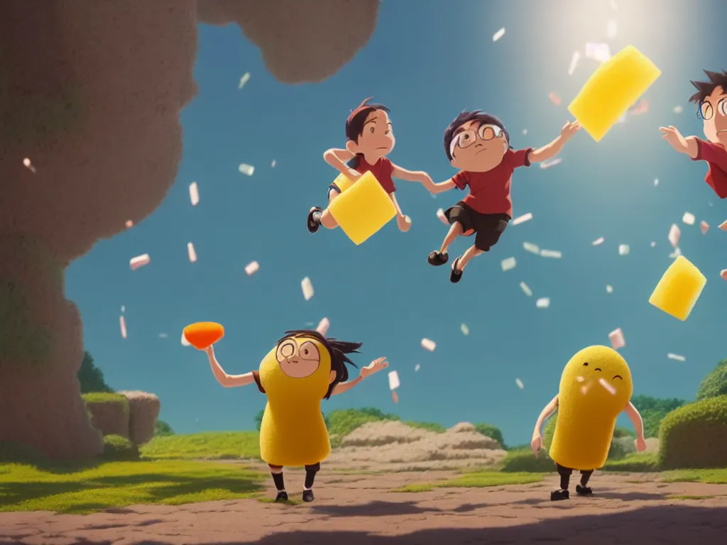 Prompt: a wholesome animation key shot of two cartoon characters throwing sponges at each other, sponges flying, by studio ghibli, animation, sharp, rendered in unreal engine 5, focused, anime key art by greg rutkowski, bloom, dramatic lighting