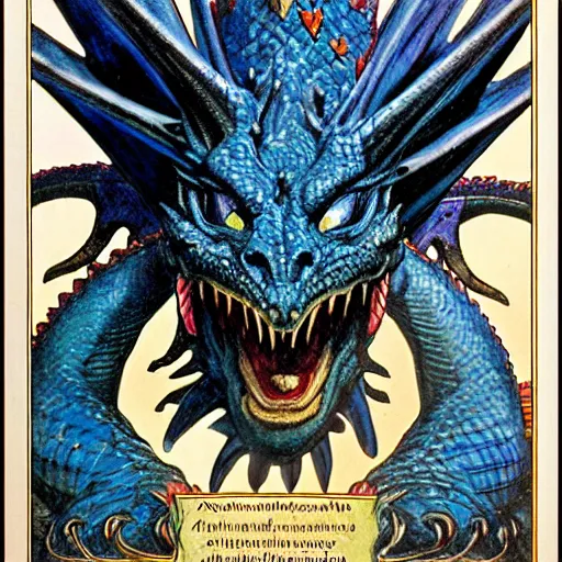 Prompt: head and shoulders portrait of a medieval d & d fantasy anthropomorphic blue dragon - human hybrid sorcerer, d & d rulebook cover art by jeff easley, hr giger, and frank miller