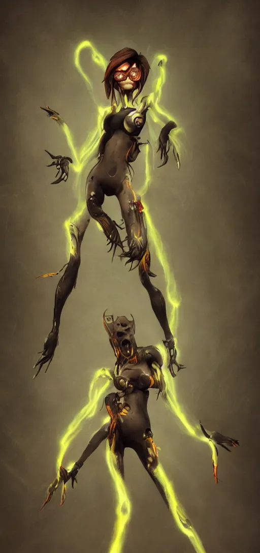 Image similar to dark full body painting of tracer from overwatch, in style of zdzisław beksinski, scary, horror, 4 k, feminine facial features, overwatch tracer character, horror, body horror, disturbing, detailed face, dressed in dark garment, black tendrils, tall, long legs,