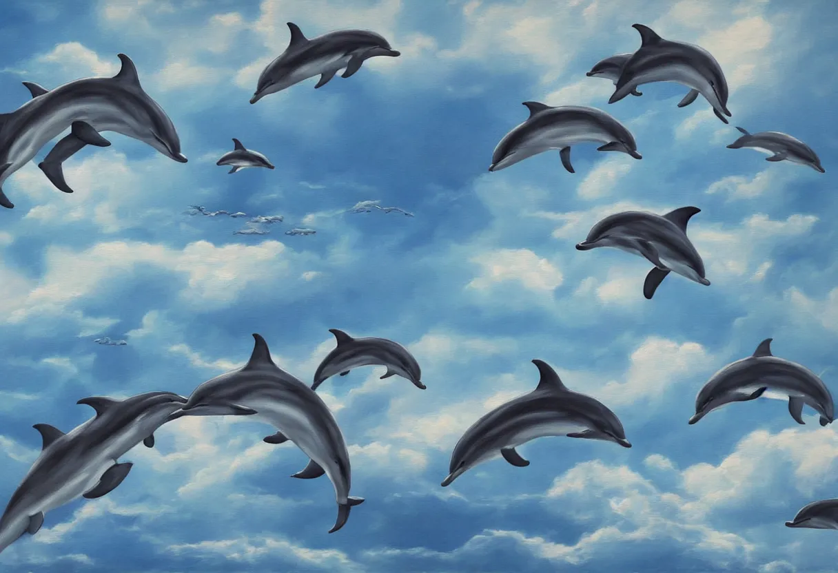 Image similar to family of dolphins flying through the clouds together science fiction painting