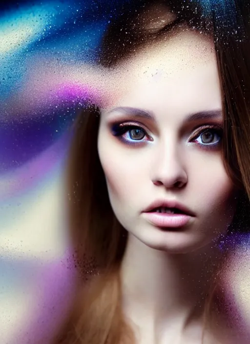 Image similar to a young Russian woman with brunette looking at the camera while in a swirling alternate reality. close-up of face with smokey eyeshadow. soft detailed painting at 16K resolution and amazingly epic visuals. epically beautiful image. amazing effect, image looks gorgeously crisp as far as it's visual fidelity goes, absolutely outstanding. vivid clarity. ultra detail. iridescent. mind-breaking. mega-beautiful pencil shadowing. beautiful face. Ultra High Definition. soft shading. soft texture. intensely beautiful.