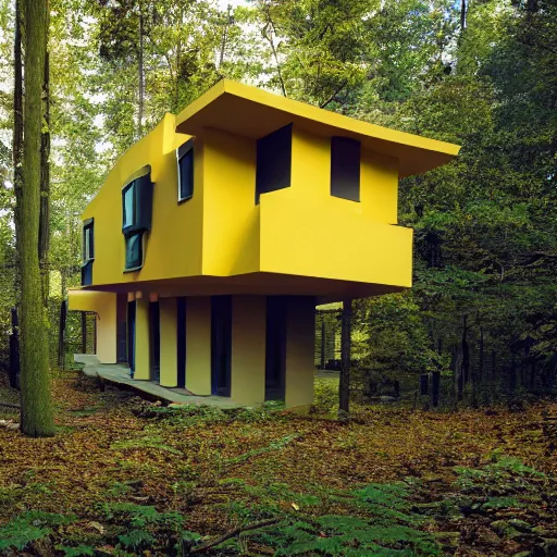 Image similar to architecture ad for a mid-century modern house in the middle of the forrest, designed by Frank Gehry. Film grain, cinematic, colorized, yellow hue