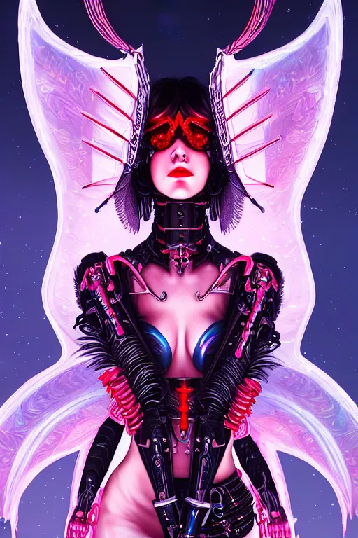 Prompt: portrait futuristic Devil Girl with horns and wings and feathers and armor , in future cyberpunk tokyo rooftop , ssci-fi, fantasy, intricate, very very beautiful, elegant, human anatomy, human structure, neon light, highly detailed, digital painting, artstation, concept art, smooth, sharp focus, illustration, art by tian zi and WLOP and alphonse mucha