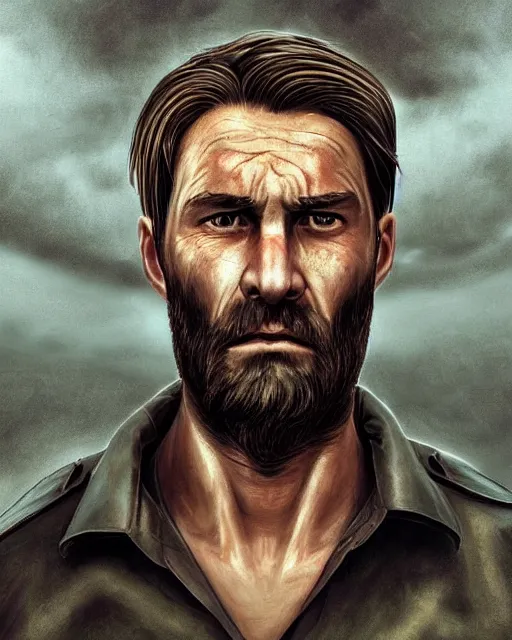 Prompt: portrait of muscular, tired and alcoholic 3 0 - year - old grieving man with short darkblonde hair, serious sad look in his eyes, looking down, dirty beard, blue eyes, crying tears, wearing dirty soldier uniform, on the desert, sad atmosphere, hyper realistic face, character art, art by artgerm, cryengine, trending on artstation, digital art