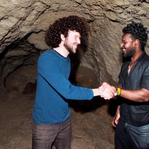 Prompt: jd beck shaking hands with a curly haired drummer in a cave