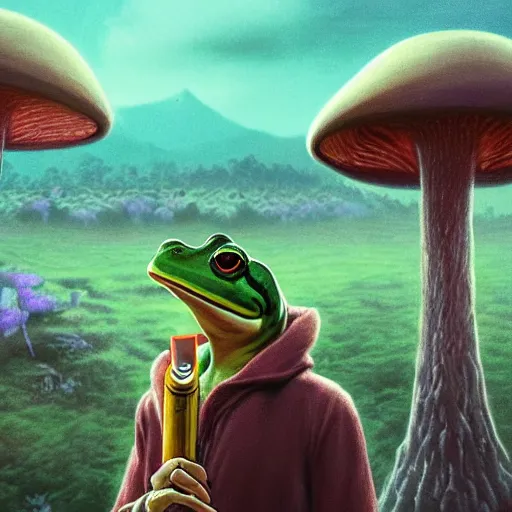 Image similar to A centered chest up portrait of a psychedelic godlike anthropomorphic frog smoking a hand-rolled cigarette smoking heavily , magic mushroom village in background . award winning. superb resolution. in the art style of junji Ito and greg rutkowski . Detailed Mushroom city in background. Hyper realistic anime. Perfect art. Dalle2