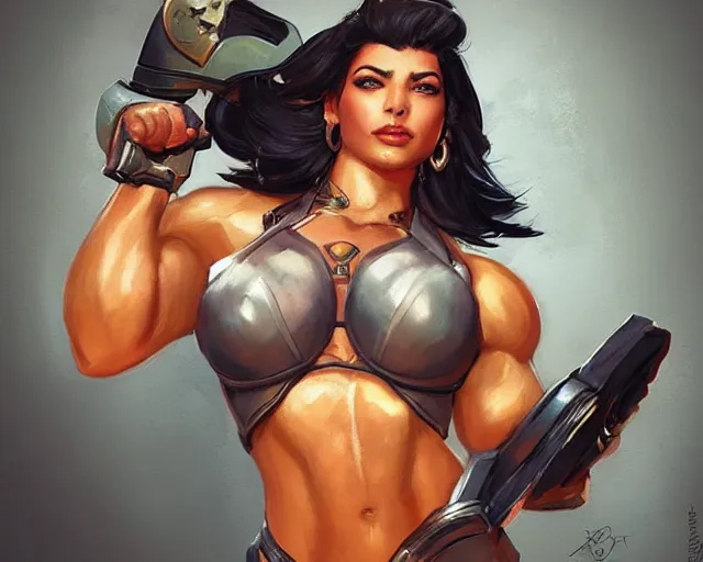 Image similar to portrait of pharah from overwatch as a beautiful female bodybuilder amazon with plump lips, elegant, fantasy, hd shot, digital portrait, beautiful, artstation, comic style, by artgerm, guy denning, jakub rozalski, magali villeneuve and charlie bowater