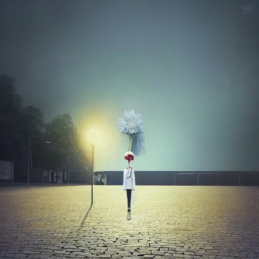 Image similar to giant white daisy flower head, frontal, girl in a suit, standing in street, surreal photography, sunrise, dramatic light, impressionist painting, digital painting, artstation, simon stalenhag