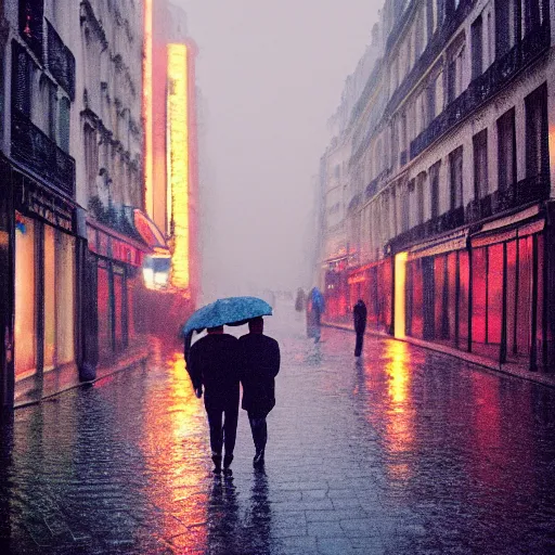 Image similar to street of paris photography, night, rain, mist, lovers holding hands, cinestill 8 0 0 t, in the style of william eggleston