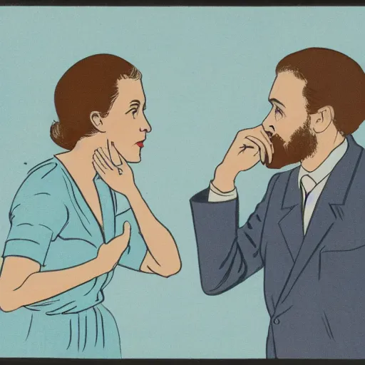 Prompt: grainy vintage color illustration, portrait of two people arguing loudly on top of a pale blue background, pale palette, tritone color,