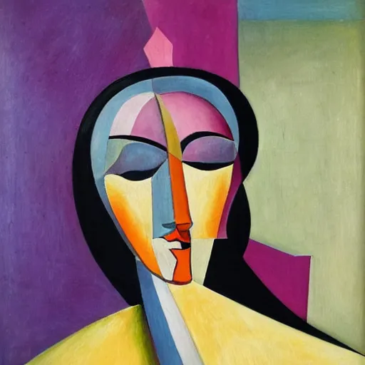 Image similar to woman in glorious robes rose up vast as the skies, old as the mountains and formless as starlight to shelter the precious memories, matter, messages, abstract art in the style of cubism and georgia o keefe