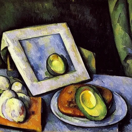 Prompt: still life with mobile phone and avocado toast, by paul cezanne, masterpiece