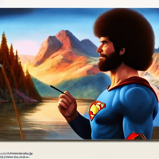 Image similar to a closeup photorealistic photograph of bob ross working on a canvas painting of superman. film still. brightly lit scene. mountains and trees. this 4 k hd image is trending on artstation, featured on behance, well - rendered, extra crisp, features intricate detail, epic composition and the style of unreal engine.