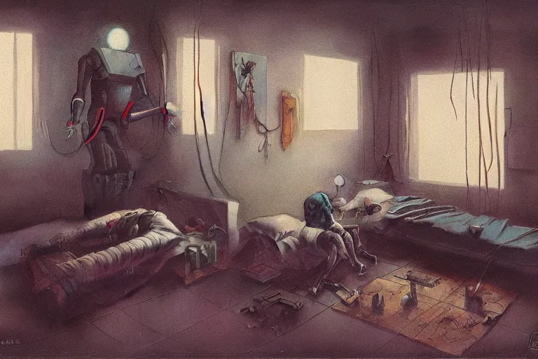 Image similar to IKEA catalogue photo, cyberpunk teenager bedroom, robots, by Beksiński