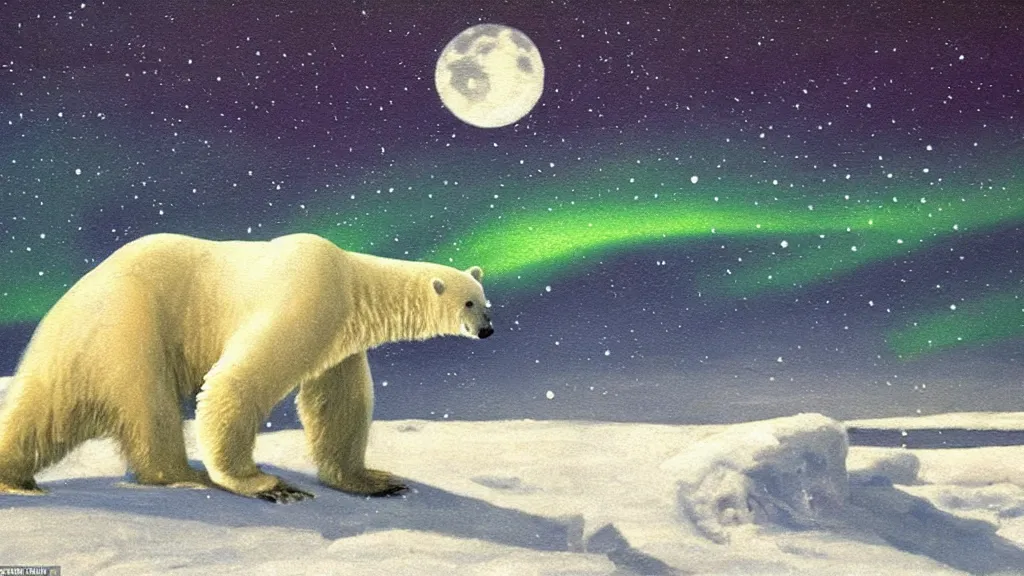 Image similar to an oil painting of a close - up polar bear traversing a snowy landscape at night, the northern lights and the moon are visible