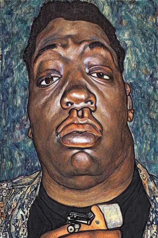 Image similar to a portrait of biggie smalls pointing an uzi toward the viewer by egon schiele, masterpiece, hyperdetailed, complex, intricate, old school, 9 0 s, 4 k, trending on artstation