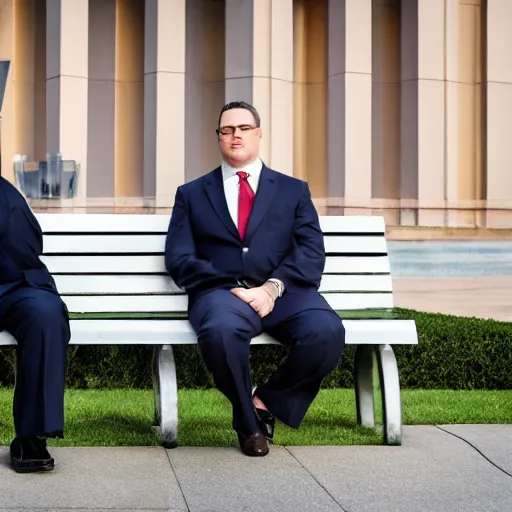 Image similar to two clean - shaven chubby white men in suits and neckties sitting on a park bench. each men are holding manila folders in their hands.