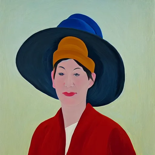 Image similar to woman with hat, by Alex Katz, colorful, friendly, oil on canvas