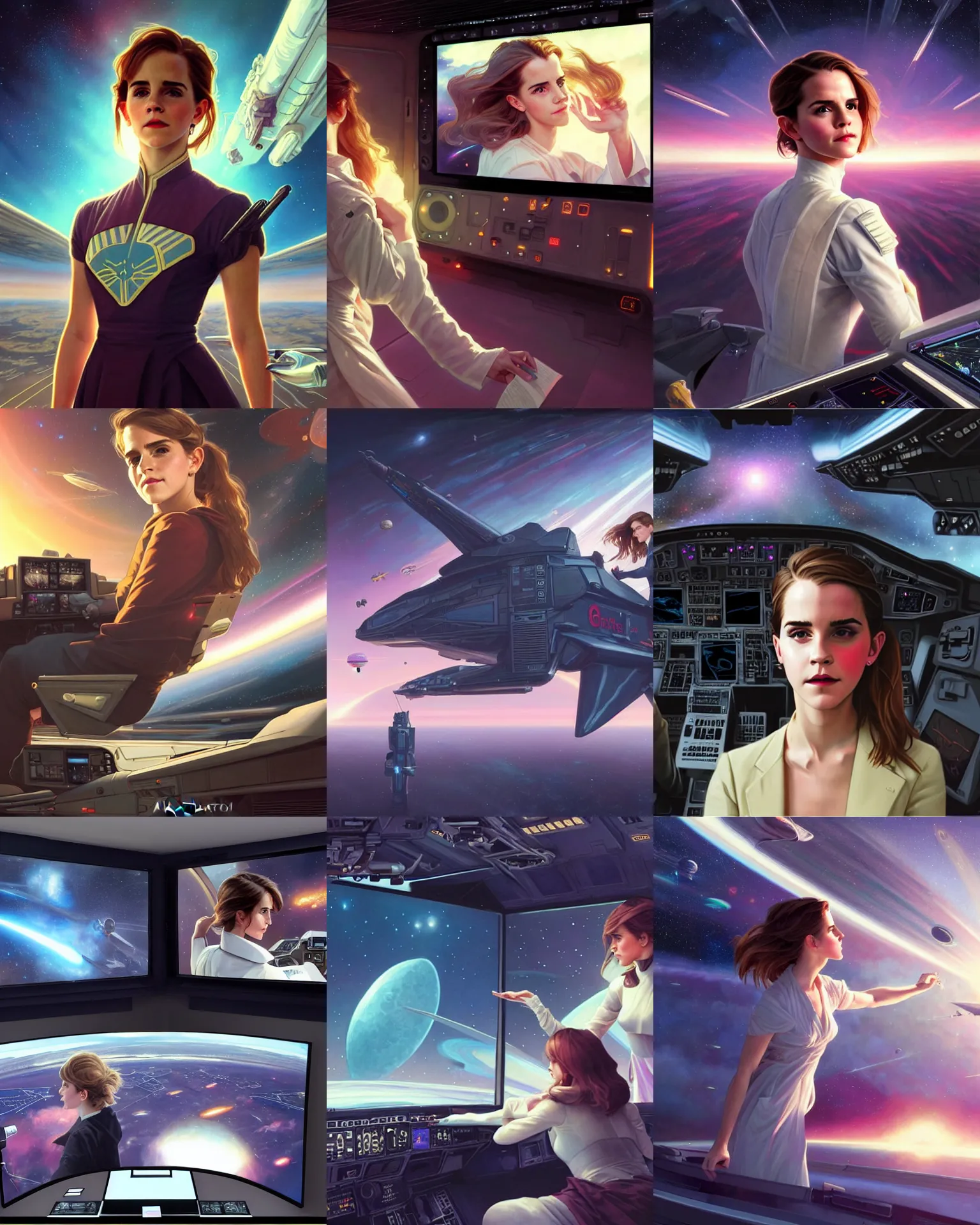 Prompt: big screen in cockpit shows emma watson telling news, evening news program, space, galactic news, vaporwave, bedroom, highly detailed, digital painting, artstation, concept art, smooth, sharp focus, illustration, art by artgerm and greg rutkowski and alphonse mucha