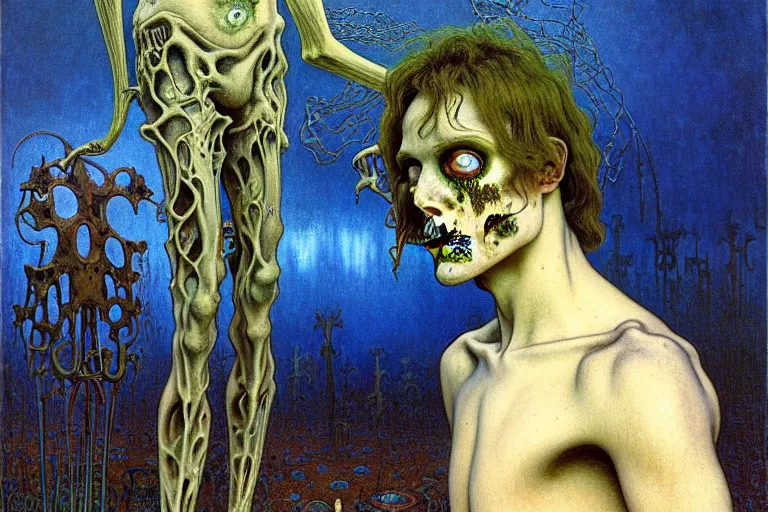 Image similar to realistic detailed portrait painting of a male zombie, nightly graveyard landscape background by Jean Delville, Amano, Yves Tanguy, Alphonse Mucha, Ernst Haeckel, Edward Robert Hughes, Roger Dean, rich moody colours, blue eyes