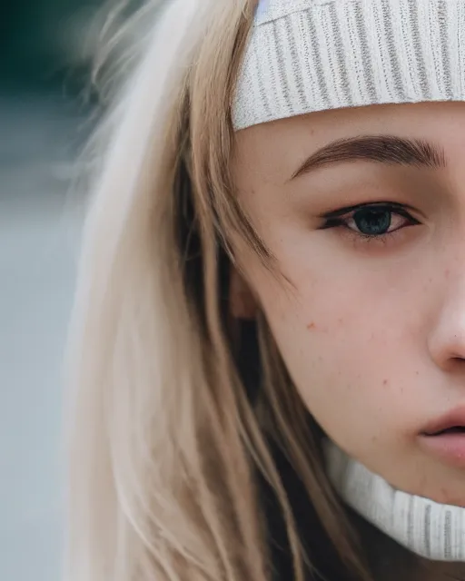 Prompt: girl with [ long beige hair, white skin, wearing a turtle neck ], 4 k photorealism, closeup, trending on unsplash, 3 5 mm photography