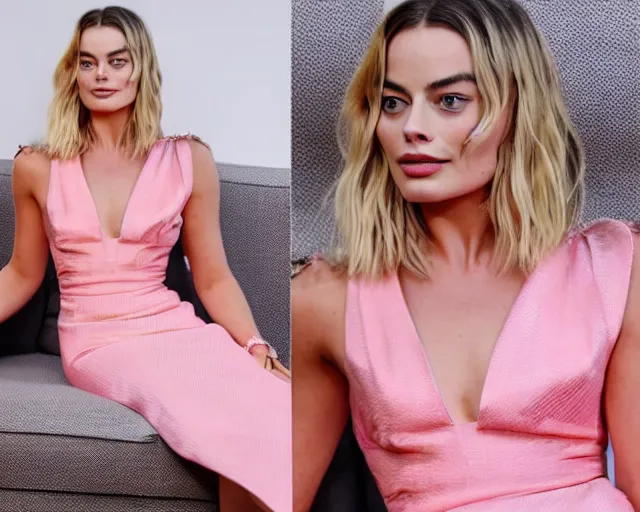 Prompt: margot robbie wearing a pink dress and leaning on a sofa, cinematic, detailed face, highly detailed, award winning photograph