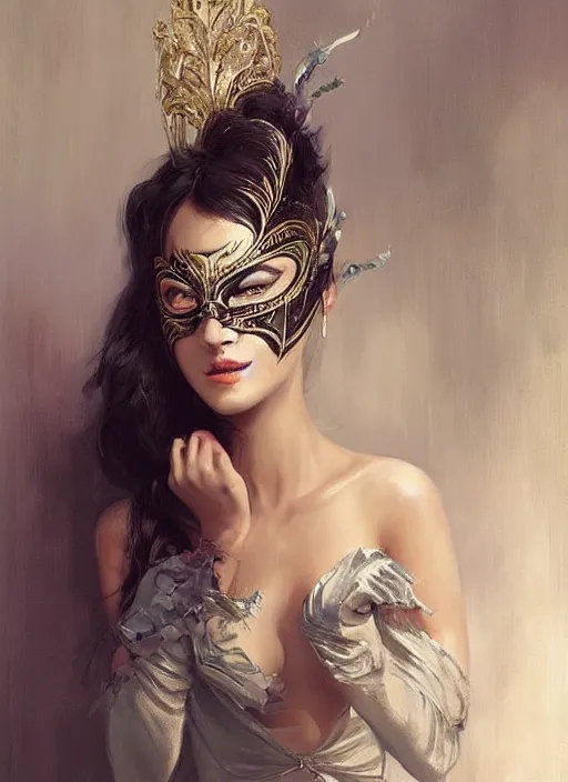 Prompt: a beautiful woman wearing an elaborate masquerade mask and ballgown, looking at the viewer with an alluring expression. painting by artgerm and greg rutkowski and magali villanueve
