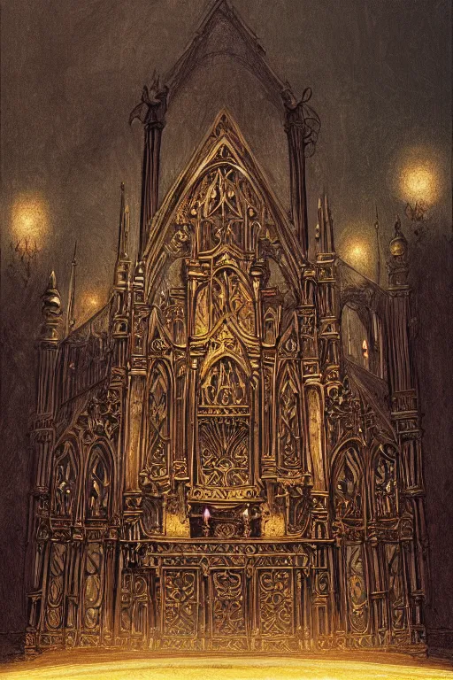 Prompt: illustration of close low angle view of an ornate obsidian gothic pipe organ with gold spidery embellishments, night, smoke, ground fog, by frank frazetta, vincent di fate, obtuse angles, lines, super detailed, digital art, trending on artstation, ornate