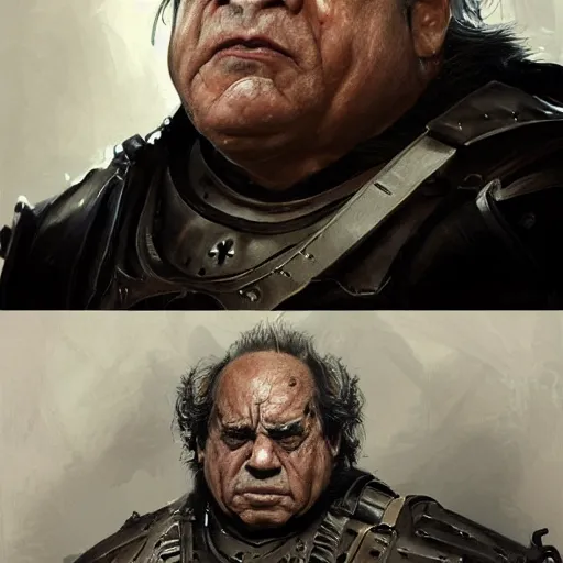 Image similar to a professionally painted portrait of Danny Devito, clothed in ancient battle armor, wrinkled skin, curly black hair, scar across face, intricate, elegant, digital painting, trending on Artstation, concept art, smooth, sharp focus, illustration, from Metal Gear by Ruan Jia and Mandy Jurgens and Artgerm and and william-adolphe bouguerea, award winning