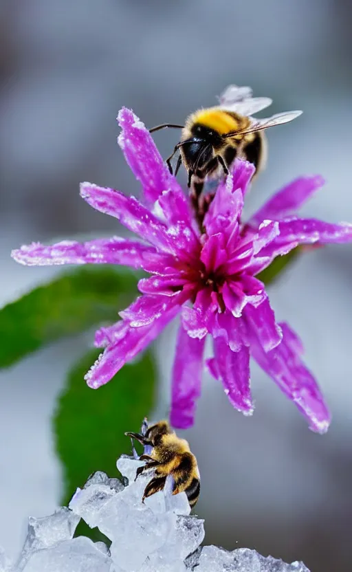 Prompt: a bee finding a beautiful flower, under a layer of ice, beautiful macro photography, ambient light