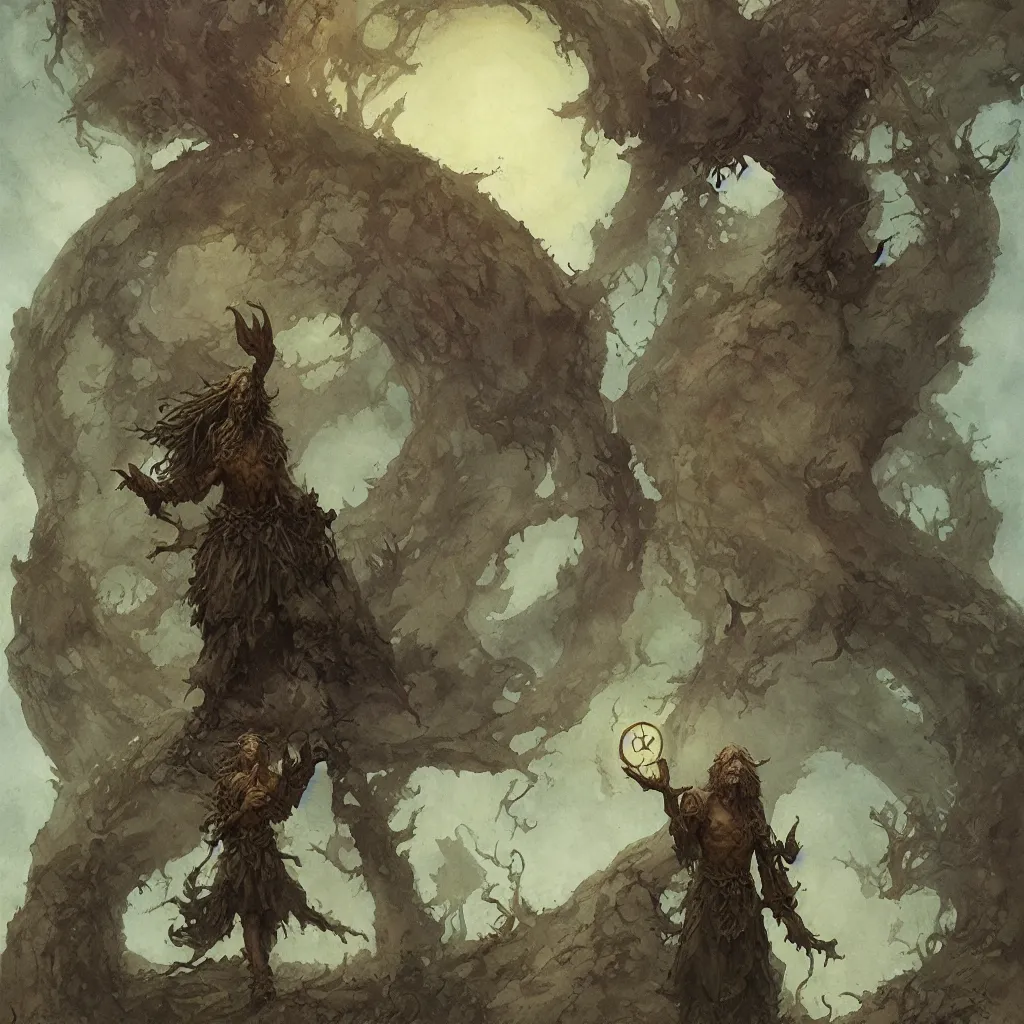 Prompt: a druid standing in a circle at the beginning of the world by alan lee and peter mohrbacher and frank frazetta and mike mignola