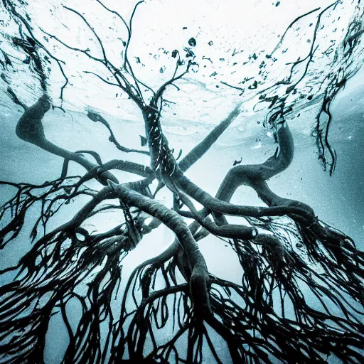 Image similar to roots underwater, award winning cyan and white photography, high contrast, high definition
