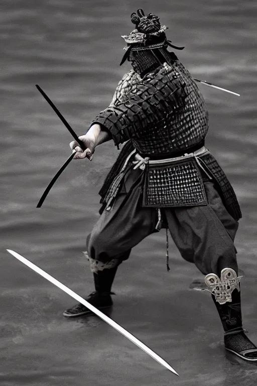 Image similar to samurai, duel, lake, spiked, sharp focus, extremely detailed