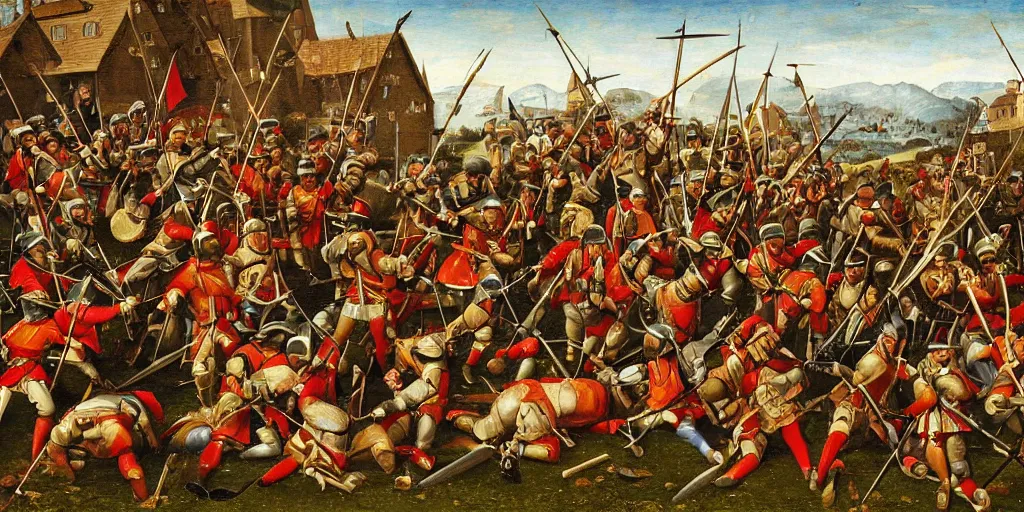 Prompt: a pike square of swiss pikemen, renaissance painting, medieval warfare, pike and shot, year 1 6 6 7