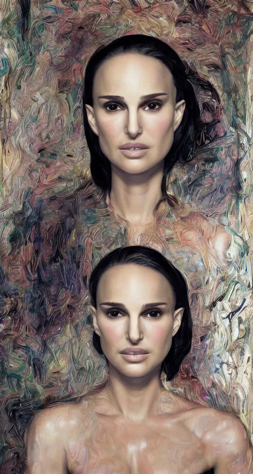 Prompt: Natalie Portman in marrakech Next to the pool, portrait,digital art,ultra realistic,ultra detailed,oil on canvas,art by Jenny Saville