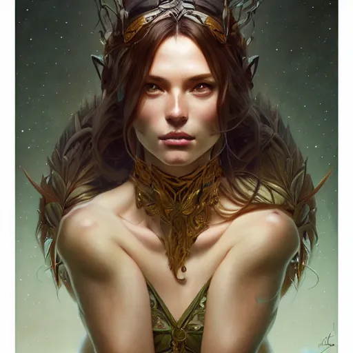 Prompt: portrait of forest gog, female, clear face, masculine, full body, muscular, fantasy, intricate, elegant, highly detailed, digital painting, artstation, concept art, matte, sharp focus, illustration, art by artgerm and greg rutkowski and alphonse mucha