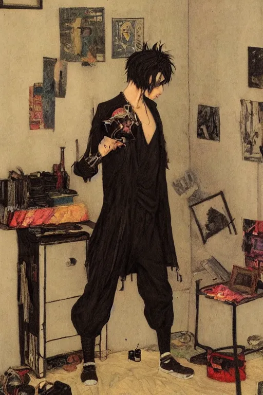 Image similar to a skinny goth guy standing in a cluttered 9 0 s bedroom, full body character concept art, vaporwave colors, jules bastien art,